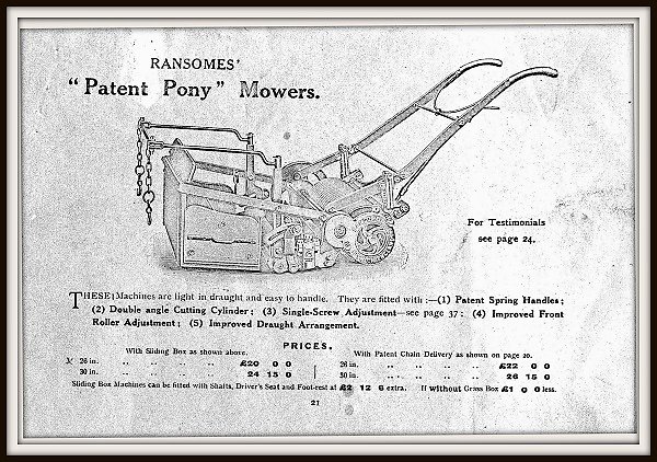 A Ransomes horse mower with sliding grass box of 1913, which were supplied by Gibbs.